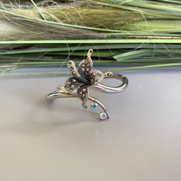 Butterfly Rhinestone Silver Cuff Bracelet​ - Picture 7 of 9